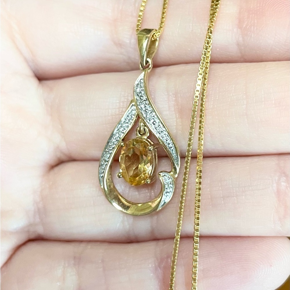 10k citrine diamond filigree yellow orange 8x6mm oval solid yellow gold pendant - Picture 3 of 9